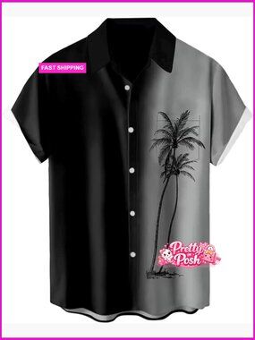 Men's Short Sleeve Button Down Hawaiian Shirt, 95% Polyester 5% Spandex